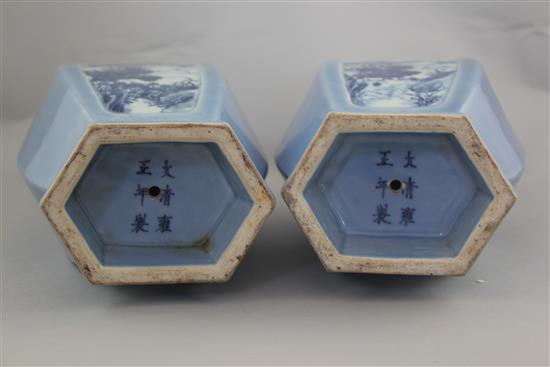 A pair of Chinese blue ground hexagonal baluster vases, Republic period, 30.5cm, bases drilled